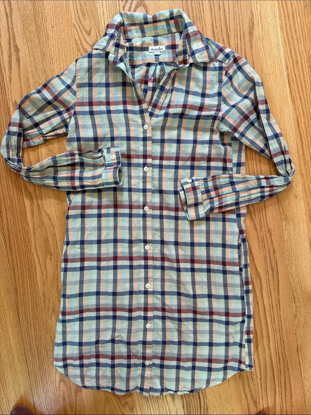Steven Alan Light Blue, Tan & Navy Plaid Button-Down Shirt Dress